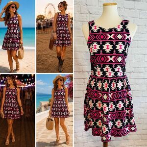 Monteau Black, Pink & Black Geometric Fit-and-Flare Dress Sz L